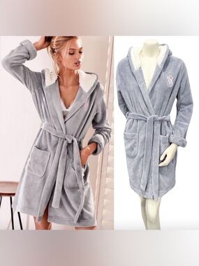 Victoria’s Secret Plush Sherpa-Lined Hooded Robe Blue Size S Cozy